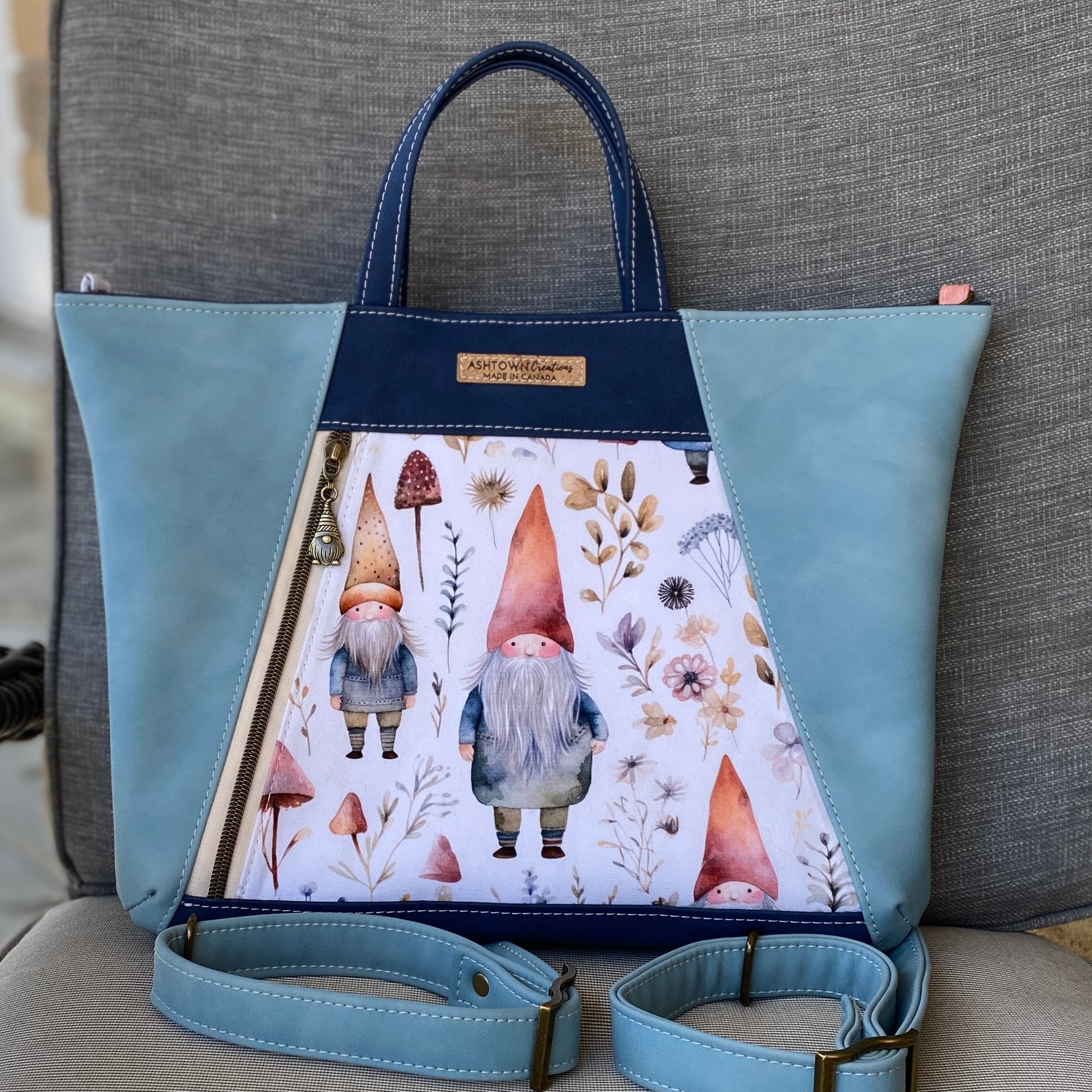 Rio Convertible Tote - Navy & Light Blue Faux Leather w/Gnome